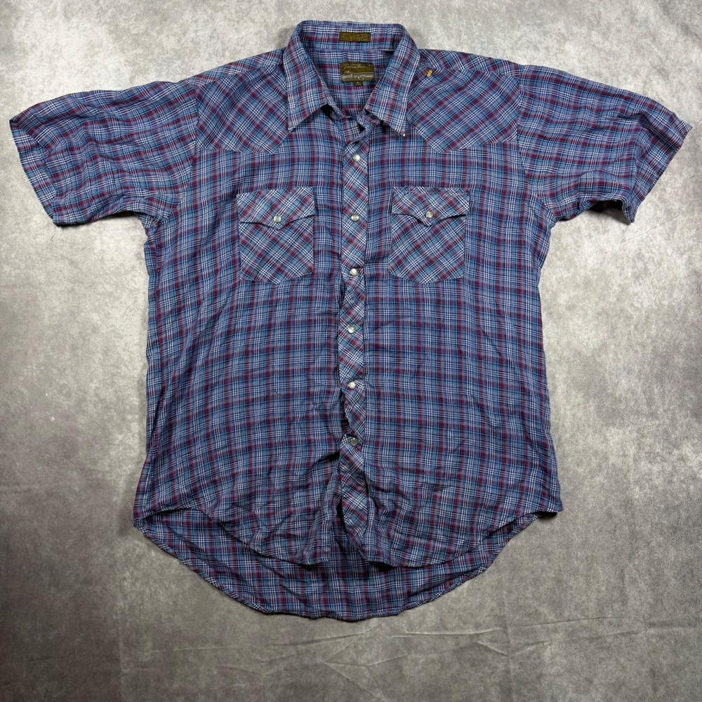 Plainsman Men's XL Western Pearl Snap Shirt Short Sleeve Plaid Blue Red Yoke